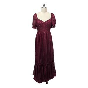 NWT Lulus Floral Burgundy Burnout Bustier Puff Sleeve Tiered Maxi Dress Size Med